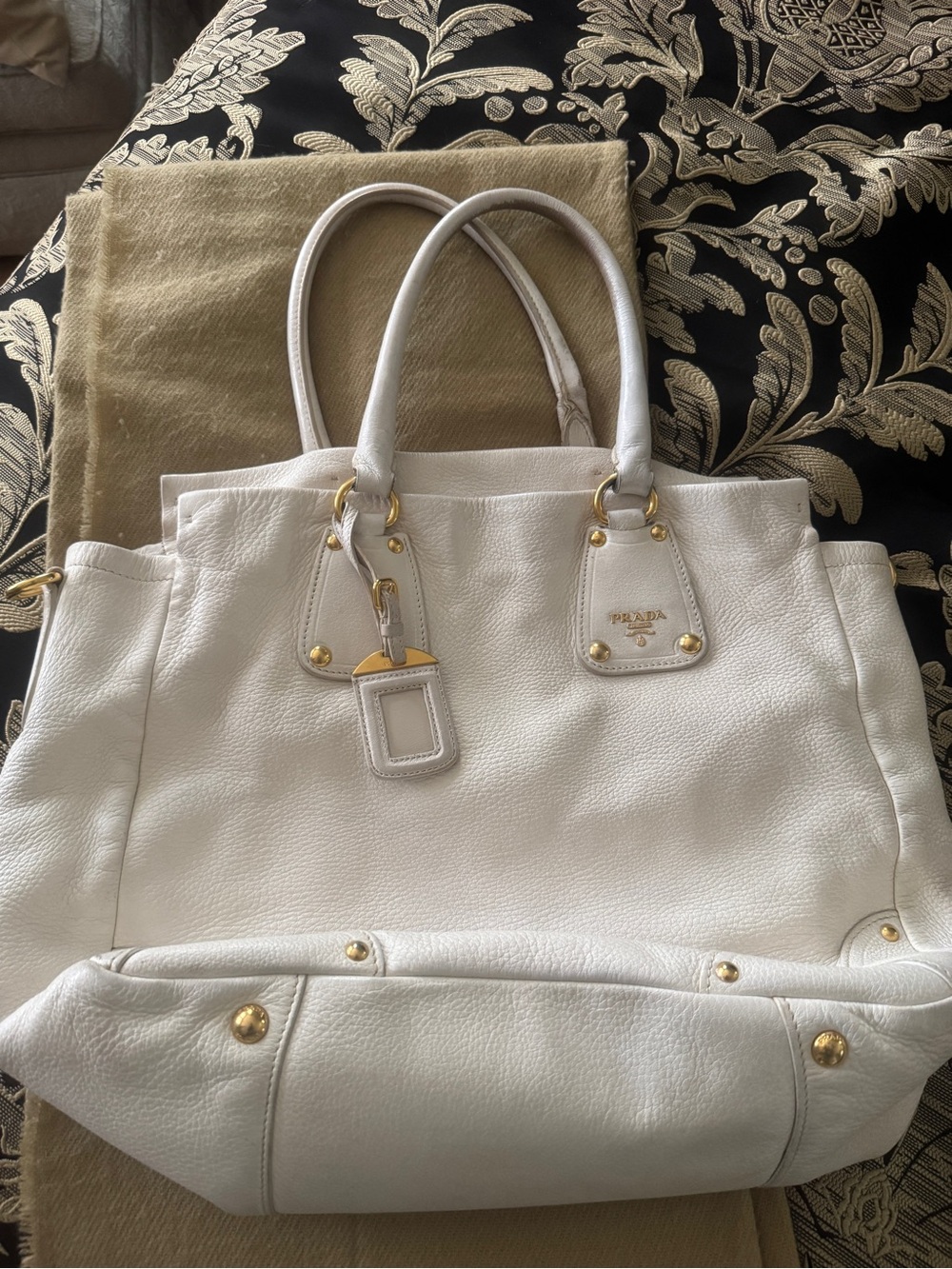 Prada White Leather Tote with Gold-Tone Accents - Picture 1 of 11